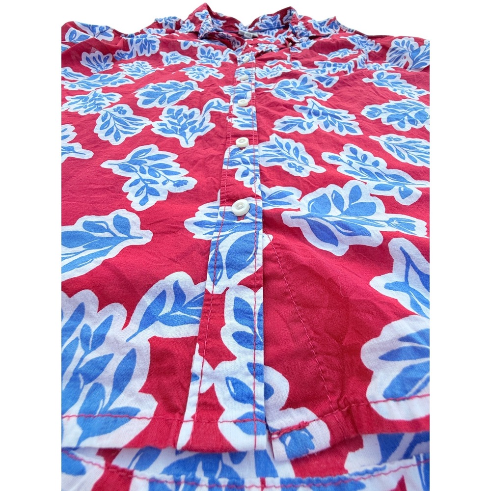 STJB Womens Red Blue Floral Leaf Sleeveless Button-Down Cotton Shirt 4th of July - Picture 6 of 8